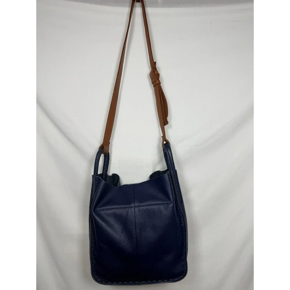 The Sak Los Feliz Leather Bucket Bag Blue Brown Crossbody Shoulder Purse Boho